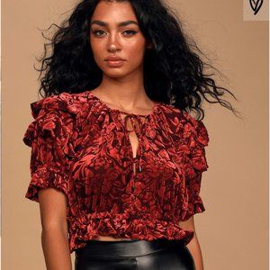 FREE PEOPLE Floral Velvet Ruffled Puff Sleeve Top